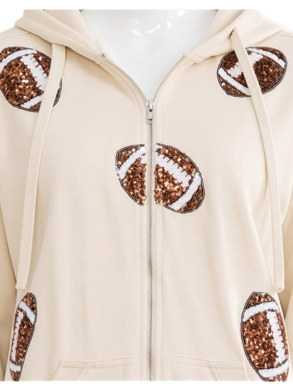 WHITE BIRCH oversized zip front sequin football hoodie S M L - Picture 2 of 3